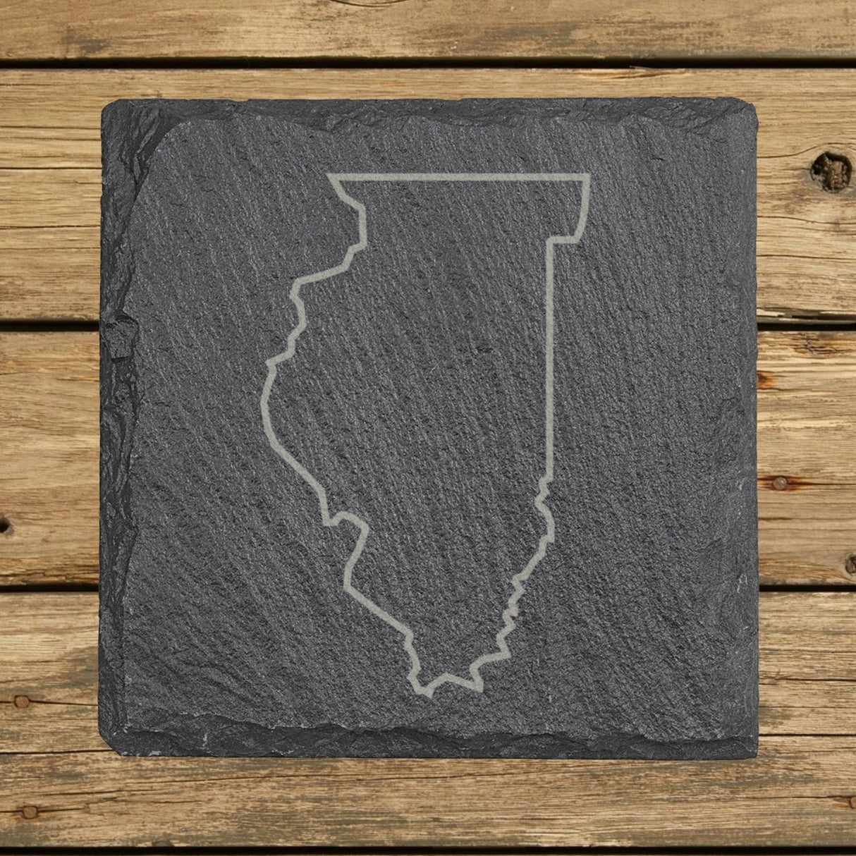 Illinois square slate coaster engraved with a clean state outline