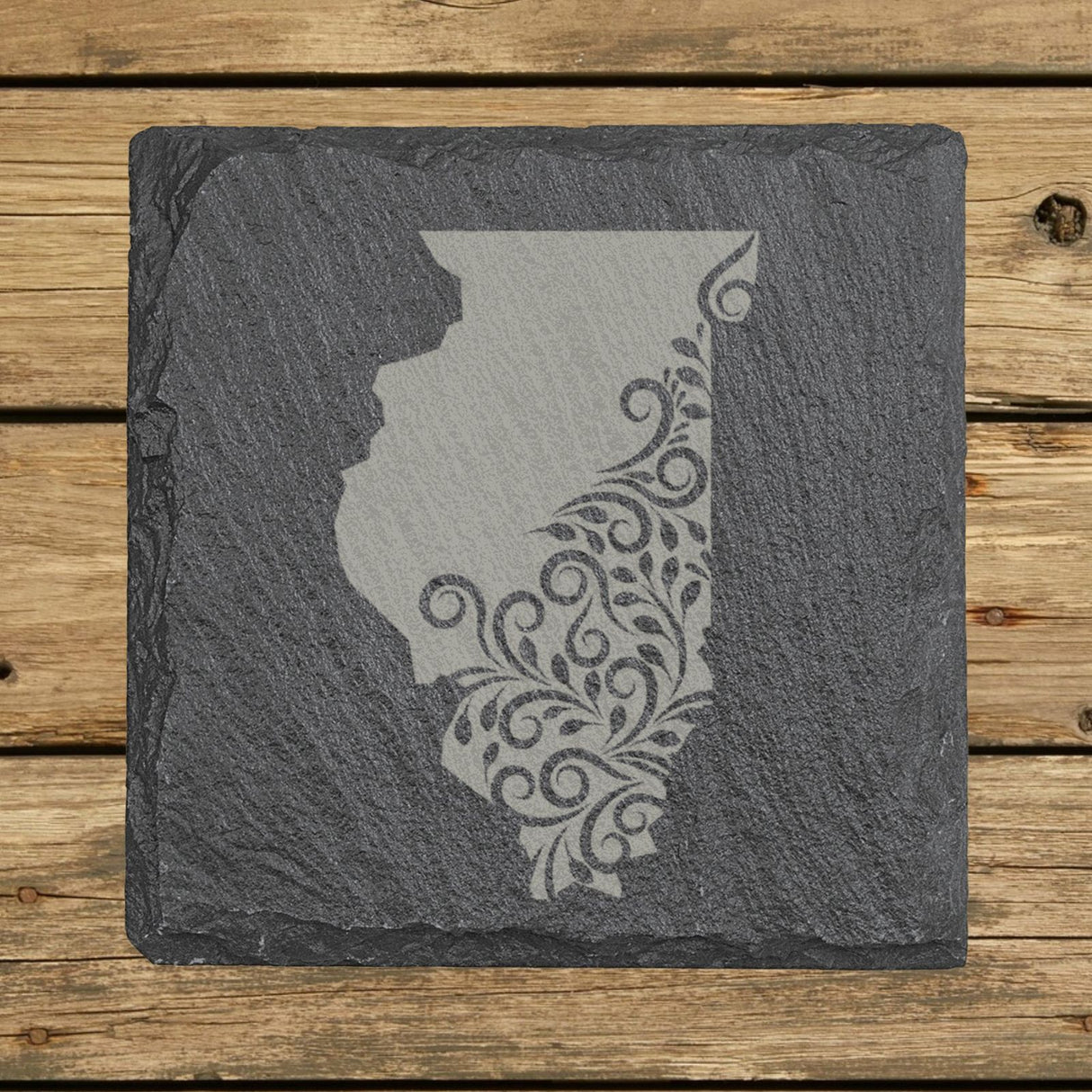 Illinois square slate coaster engraved with the state shape in ornate floral scrollwork