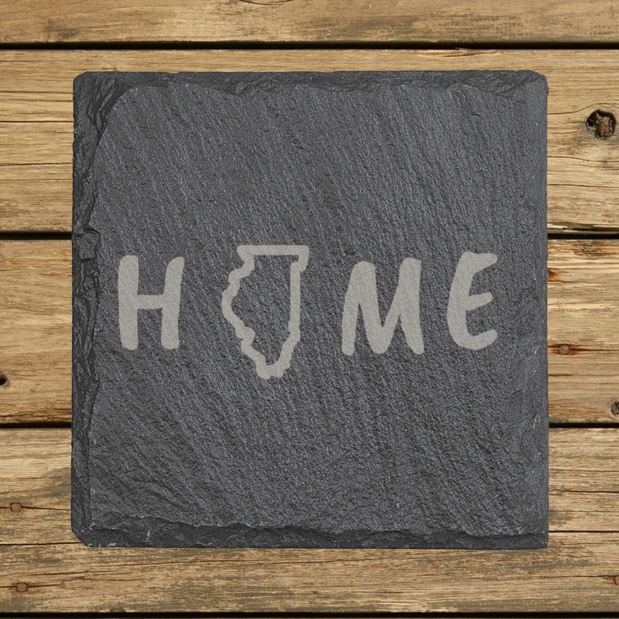 Illinois square slate coaster engraved with HOME using the state outline as the letter O