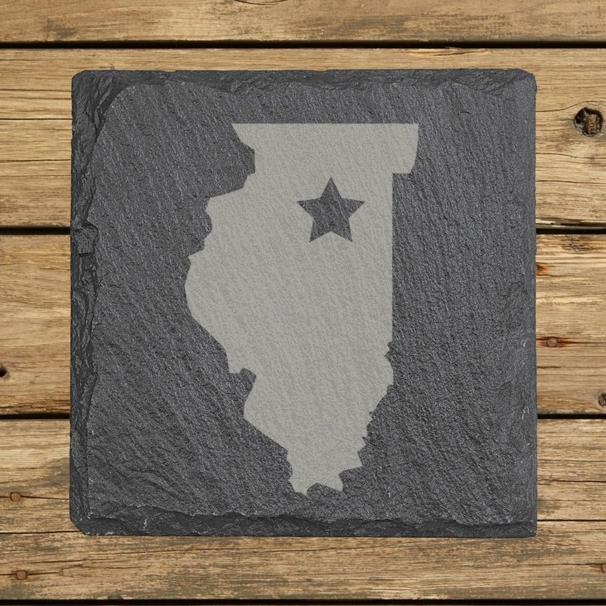 Illinois square slate coaster engraved with the state shape and a star
