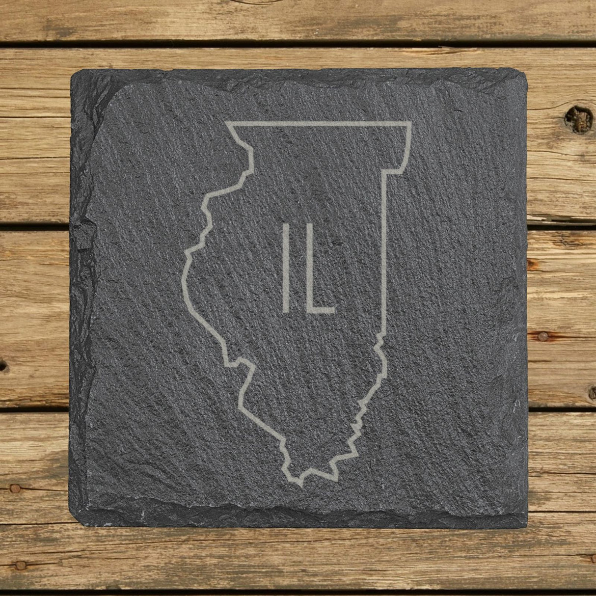 Illinois square slate coaster engraved with the state outline and IL initials