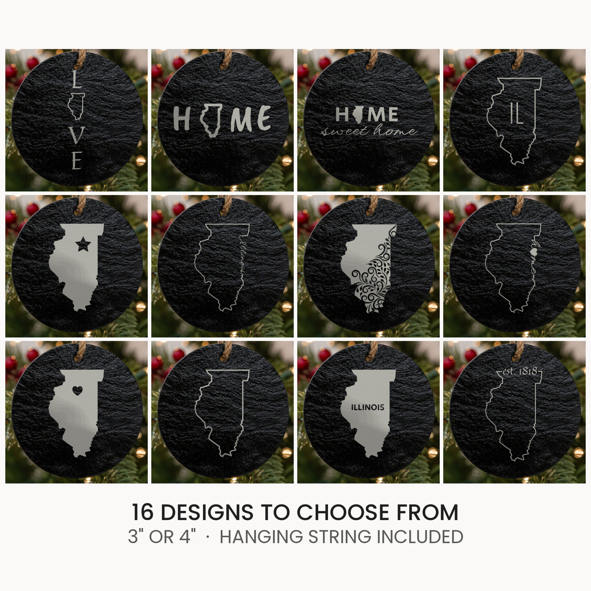 Illinois slate Christmas ornament, laser engraved natural stone
