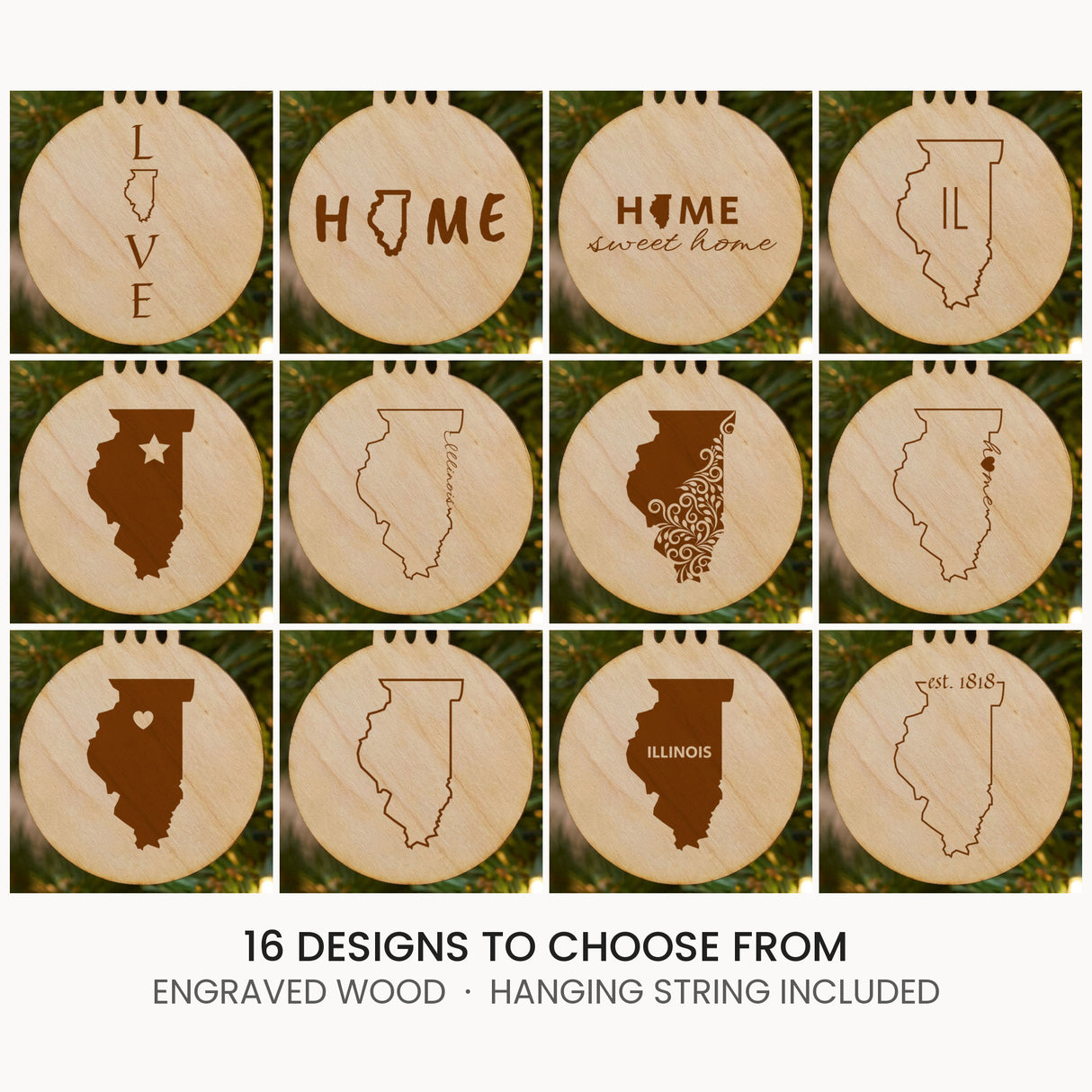Illinois wood Christmas ornament, laser engraved natural wood