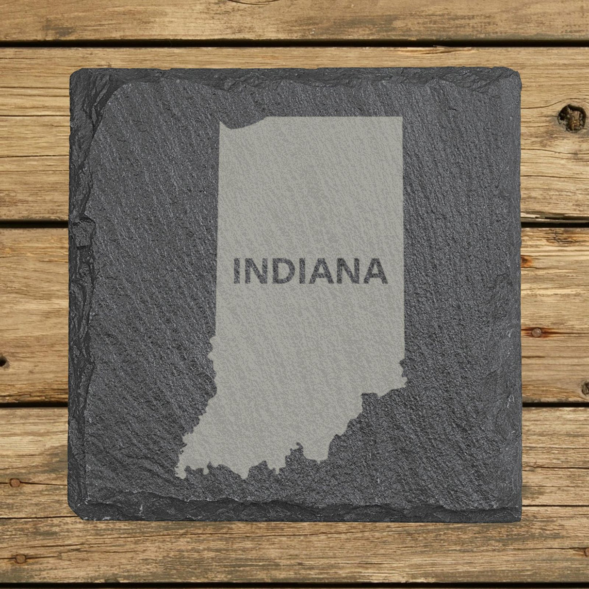 Indiana square slate coaster engraved with the state shape and INDIANA in bold lettering