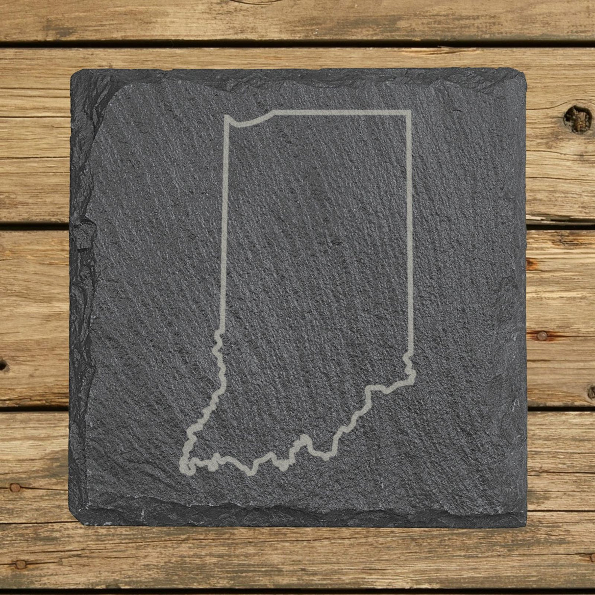 Indiana square slate coaster engraved with a clean state outline