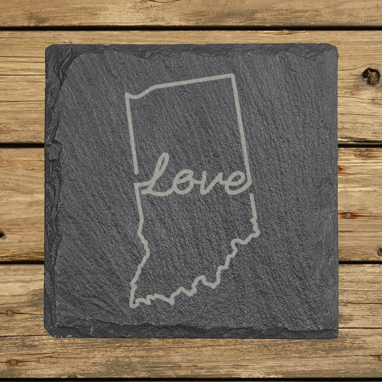 Indiana square slate coaster engraved with a hand-drawn state outline and love in cursive