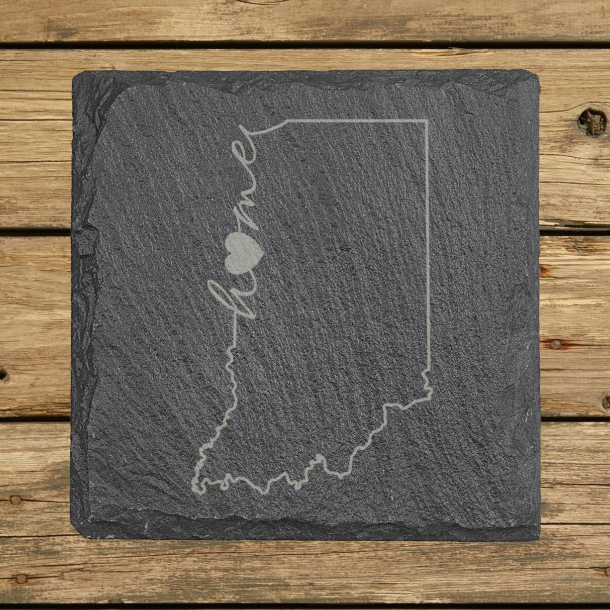 Indiana square slate coaster engraved with the state outline and home in script with a heart
