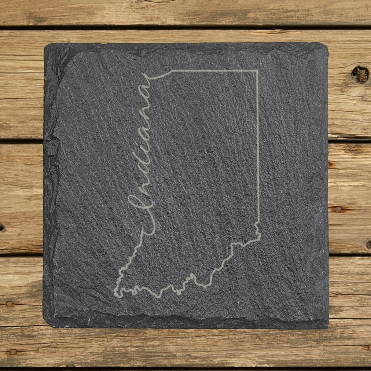 Indiana square slate coaster engraved with the state outline and Indiana in script lettering