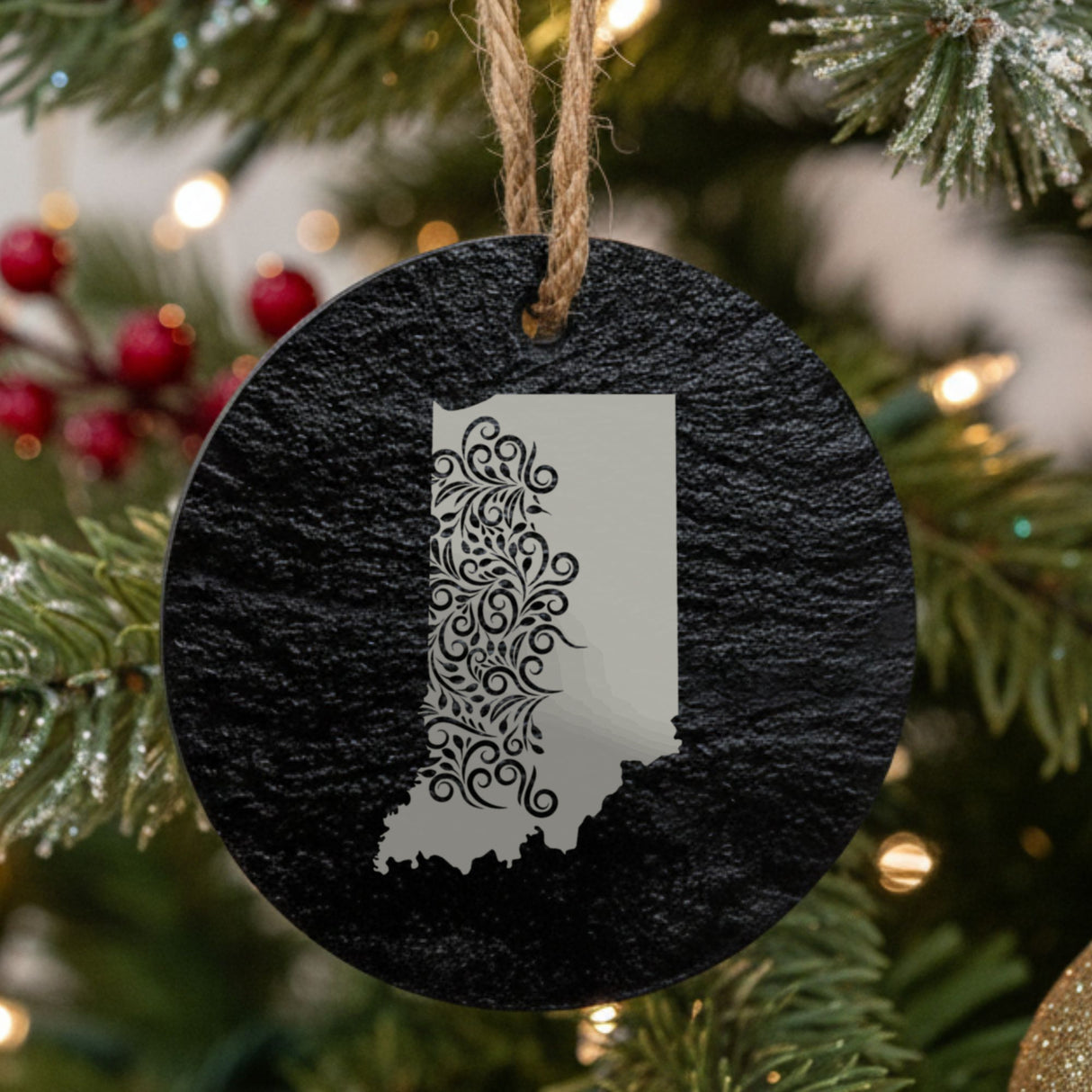Indiana round slate Christmas ornament engraved with the state shape in ornate floral scrollwork