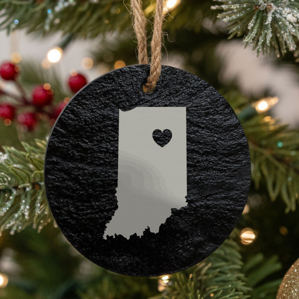 Indiana round slate Christmas ornament engraved with the state shape and a heart