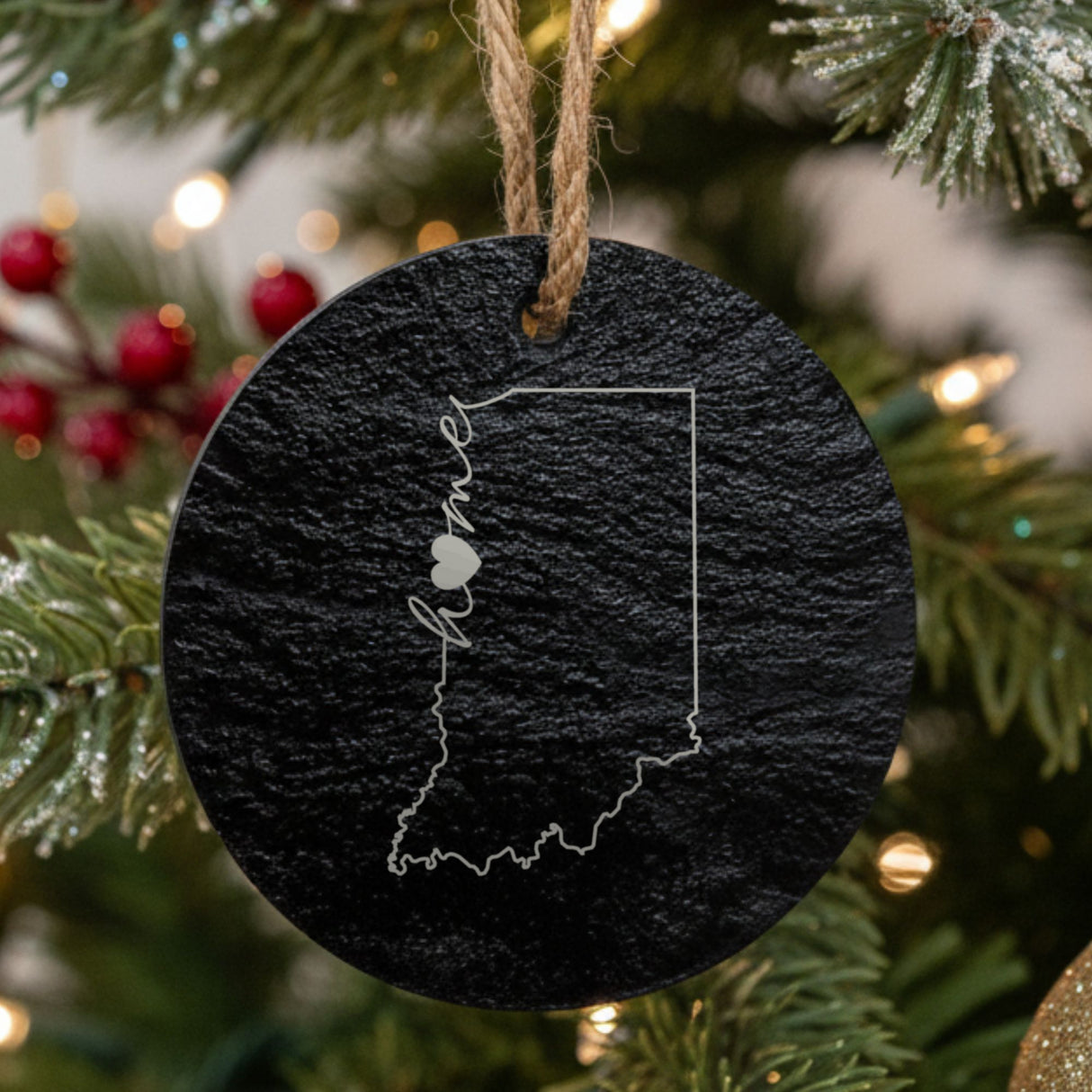Indiana round slate Christmas ornament engraved with the state outline and home in script with a heart