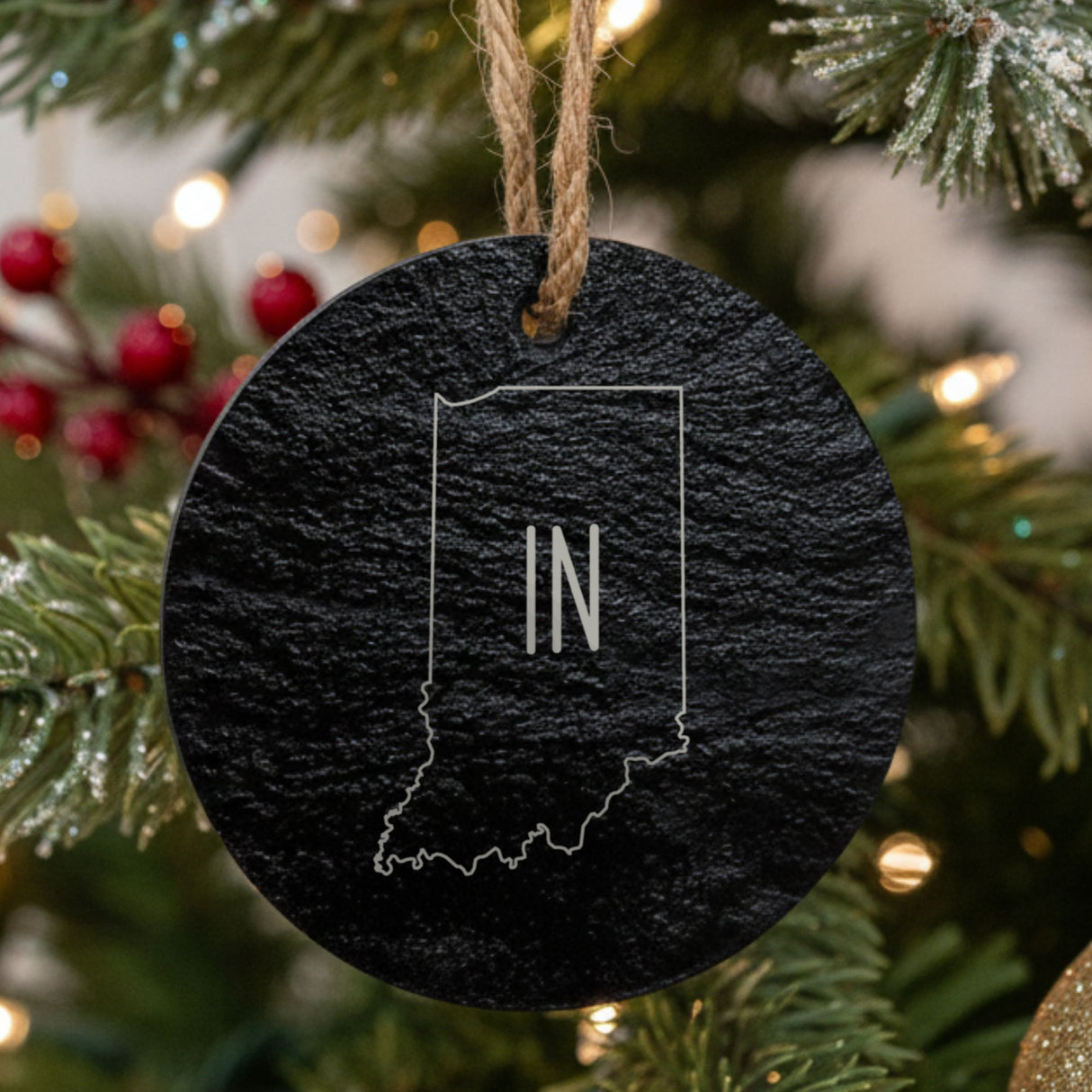 Indiana round slate Christmas ornament engraved with the state outline and IN initials