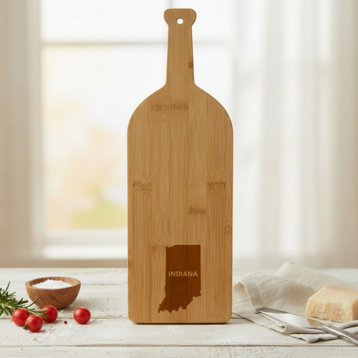 Bamboo wine bottle cutting board engraved with the Indiana Bold State Name design