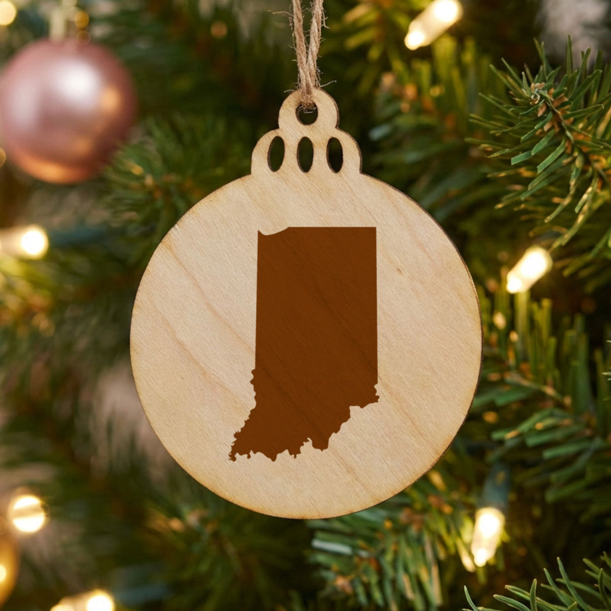 Indiana round wood Christmas ornament with the full state shape engraved