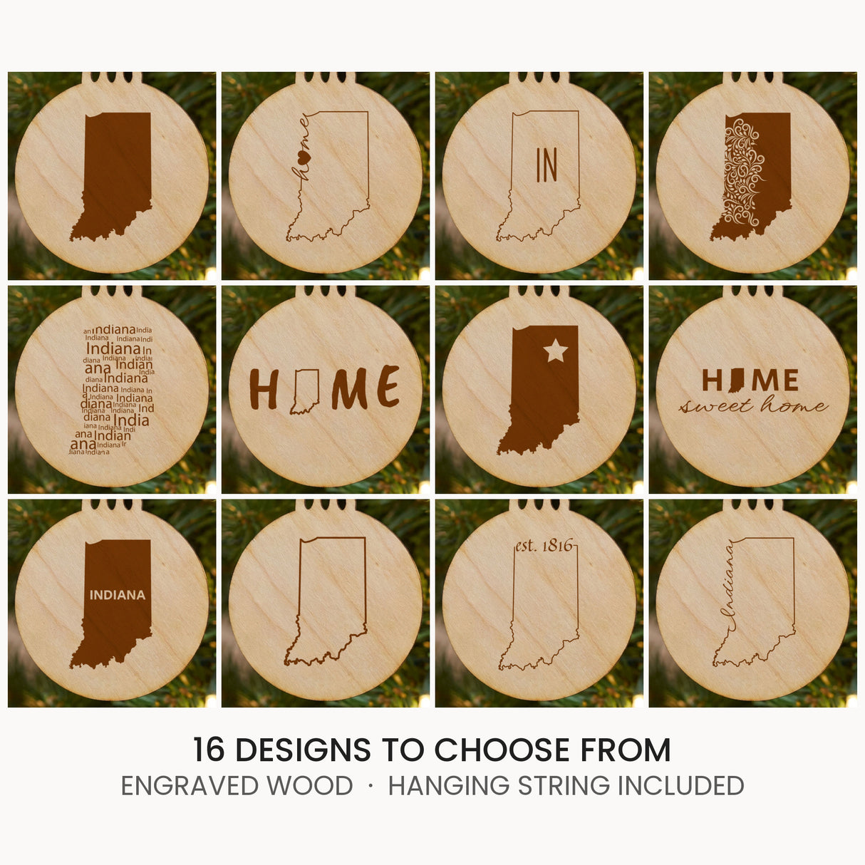 Indiana wood Christmas ornament, laser engraved natural wood