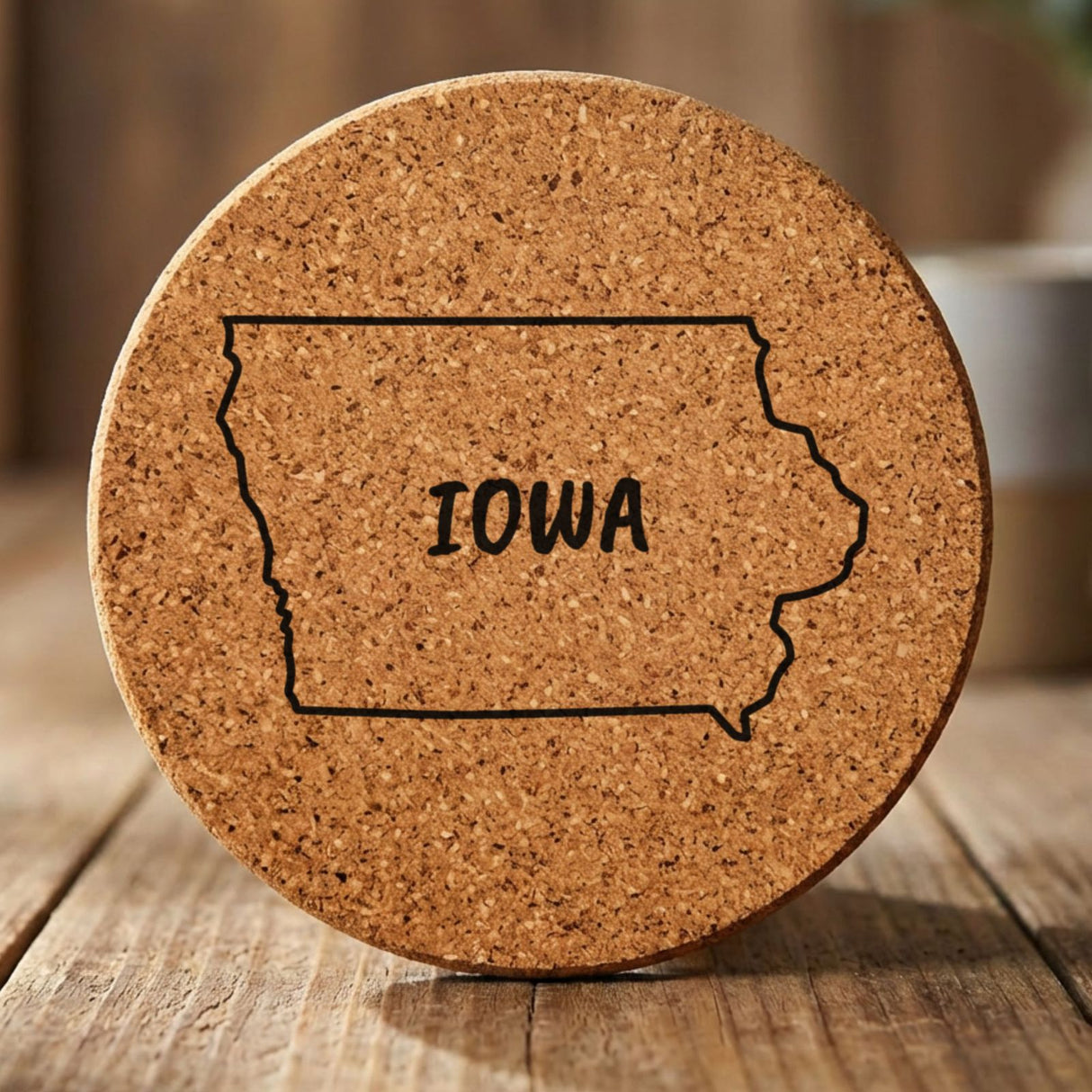 Iowa round cork coaster engraved with the state outline and IOWA in hand-drawn brush lettering
