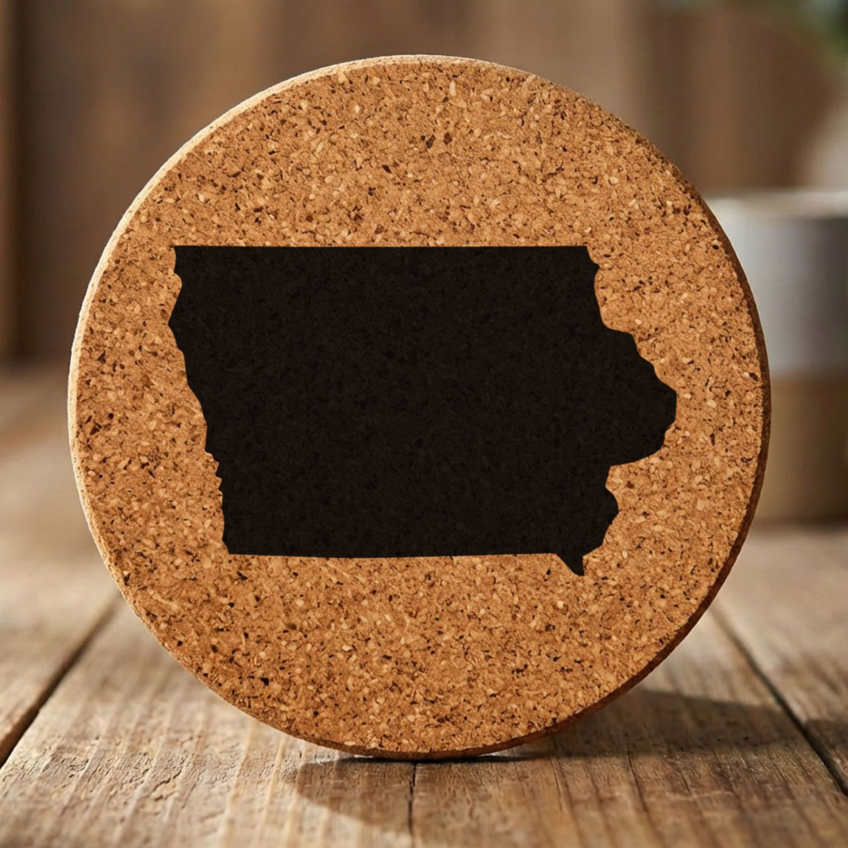 Iowa round cork coaster with the full state shape engraved