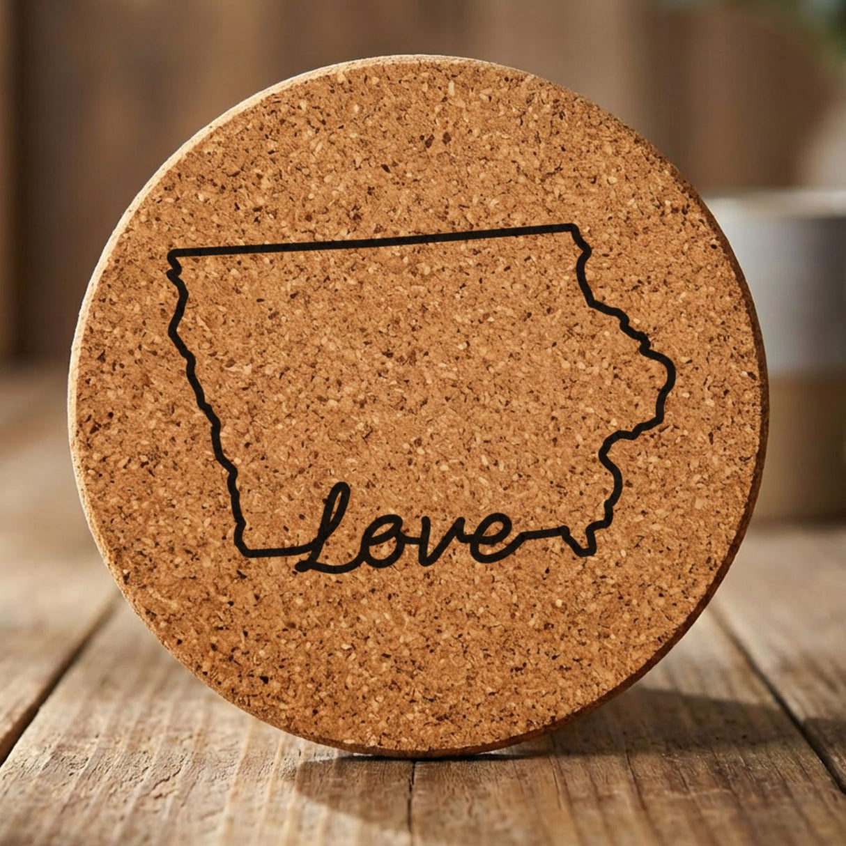 Iowa round cork coaster engraved with a hand-drawn state outline and love in cursive
