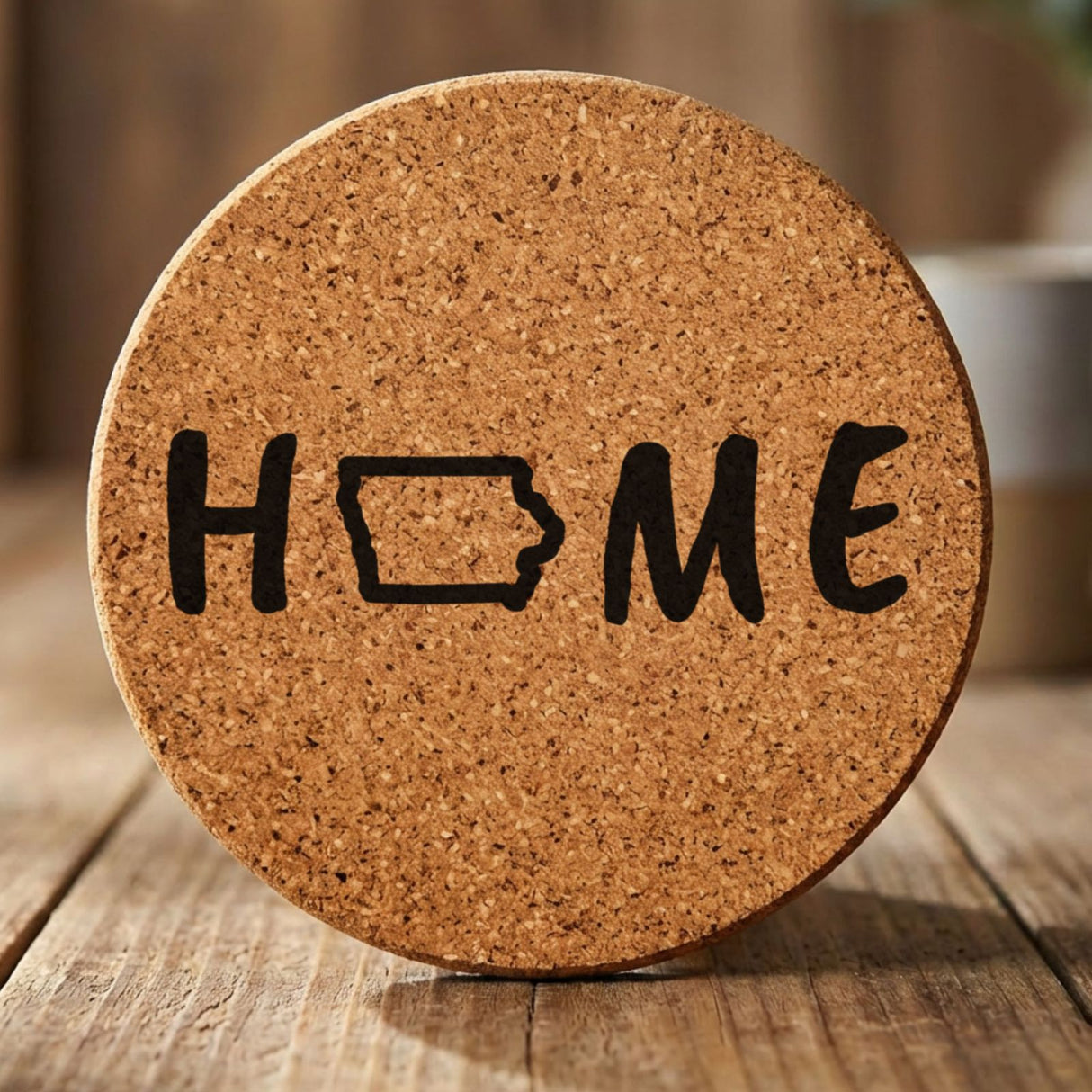 Iowa round cork coaster engraved with HOME using the state outline as the letter O