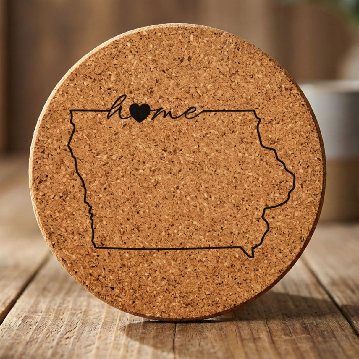 Iowa round cork coaster engraved with the state outline and home in script with a heart