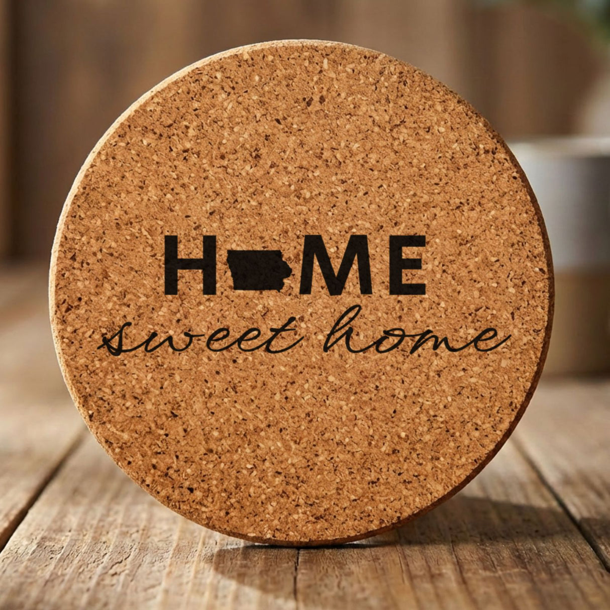Iowa round cork coaster engraved with HOME sweet home using the state shape as the letter O