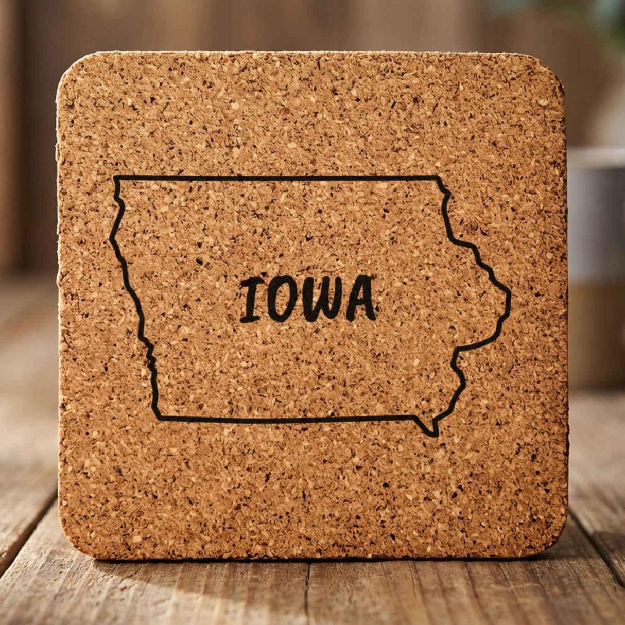 Iowa square cork coaster engraved with the state outline and IOWA in hand-drawn brush lettering