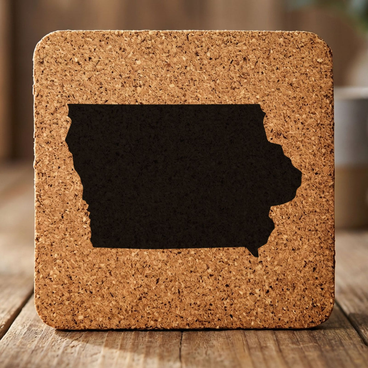 Iowa square cork coaster with the full state shape engraved