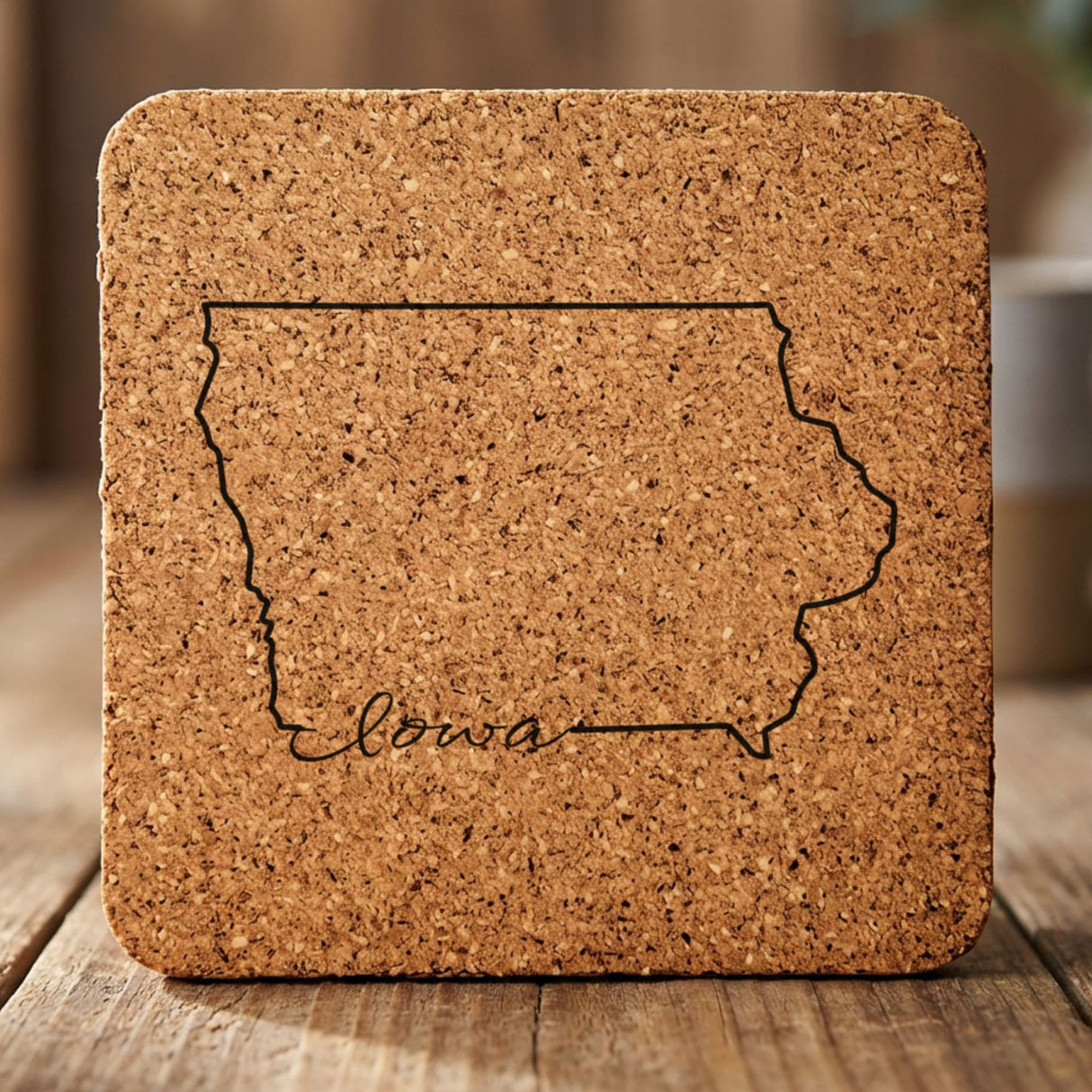 Iowa square cork coaster engraved with the state outline and Iowa in script lettering