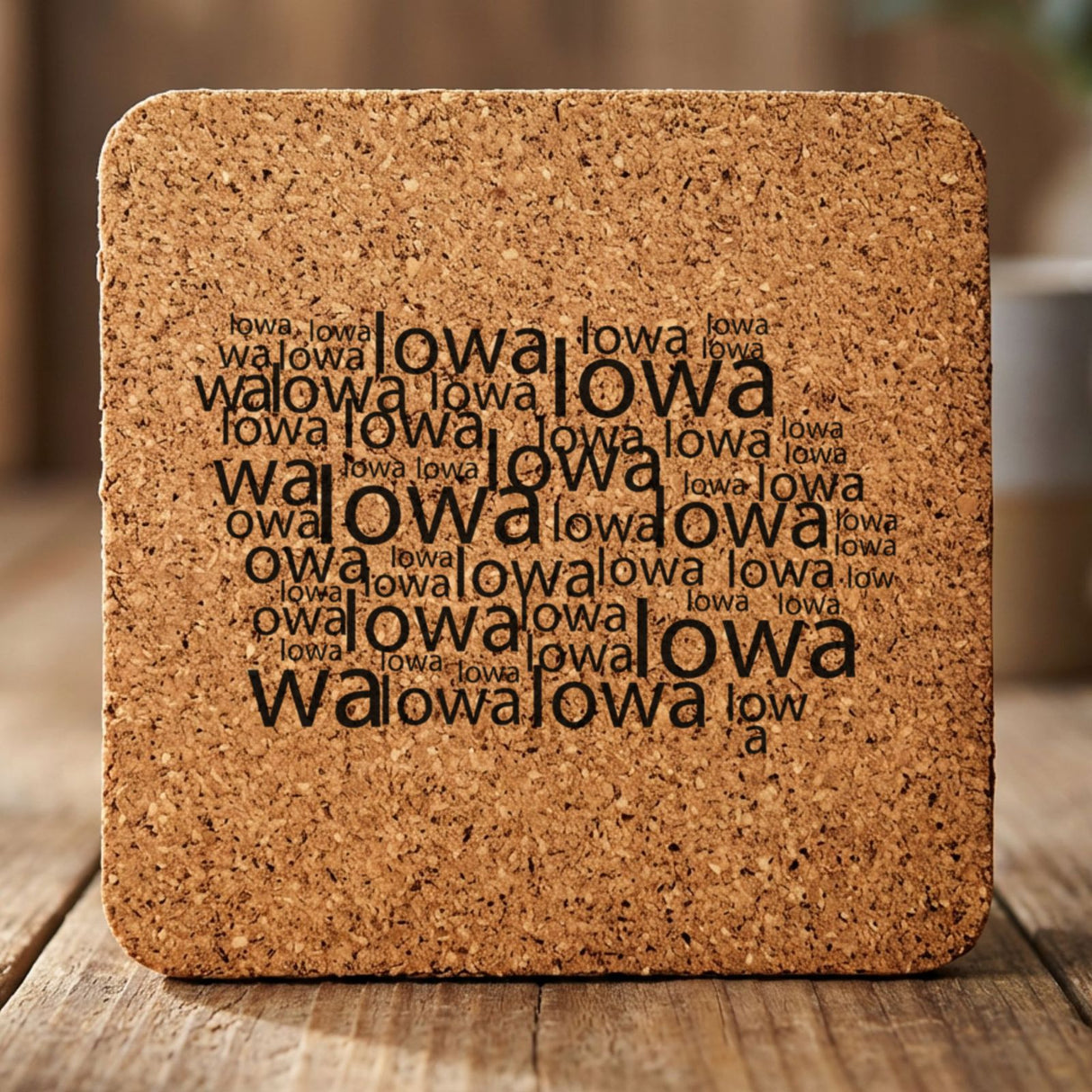 Iowa square cork coaster engraved with a word cloud of repeating Iowa text