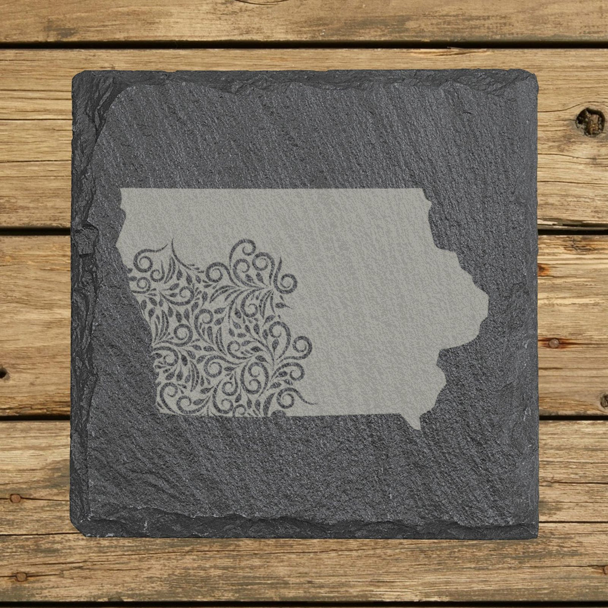 Iowa square slate coaster engraved with the state shape in ornate floral scrollwork