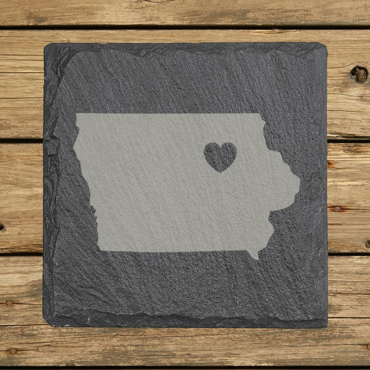 Iowa square slate coaster engraved with the state shape and a heart