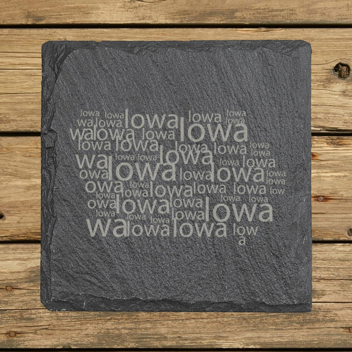 Iowa square slate coaster engraved with a word cloud of repeating Iowa text