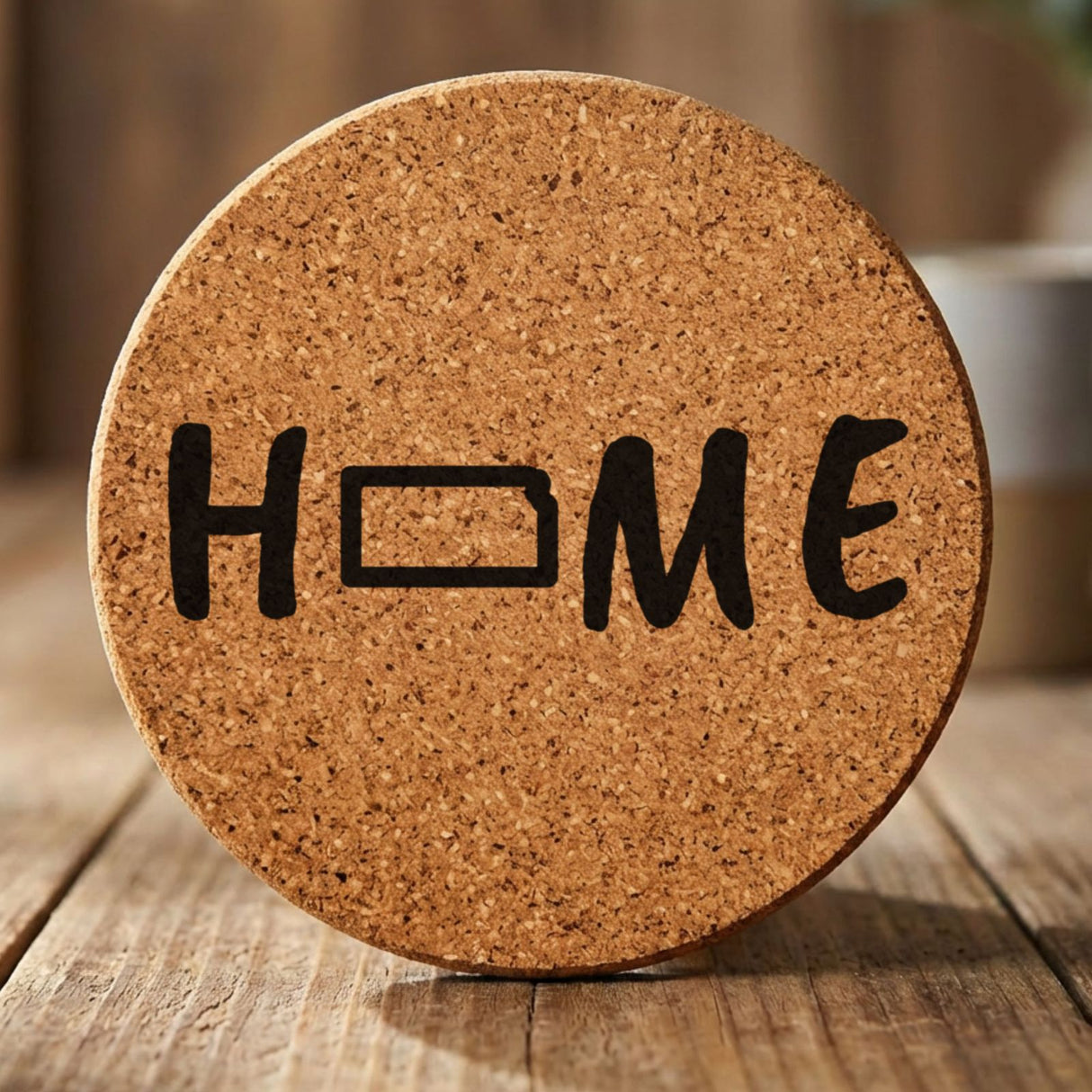 Kansas round cork coaster engraved with HOME using the state outline as the letter O