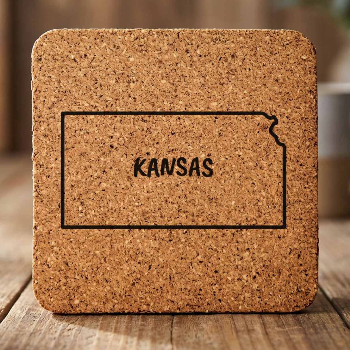 Kansas square cork coaster engraved with the state outline and KANSAS in hand-drawn brush lettering