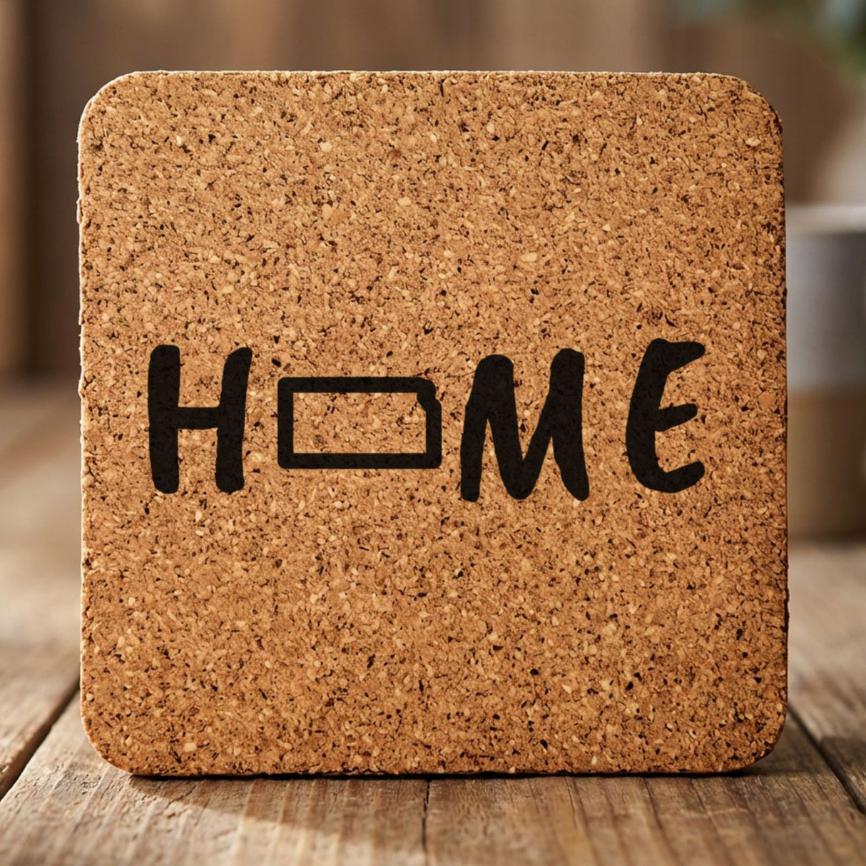 Kansas square cork coaster engraved with HOME using the state outline as the letter O