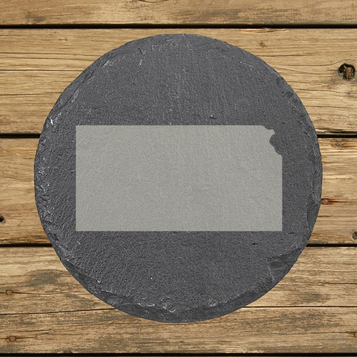 Kansas round slate coaster with the full state shape engraved