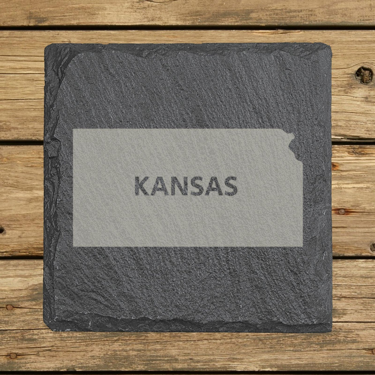 Kansas square slate coaster engraved with the state shape and KANSAS in bold lettering