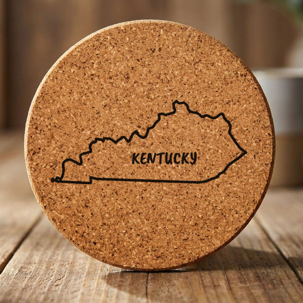 Kentucky round cork coaster engraved with the state outline and KENTUCKY in hand-drawn brush lettering