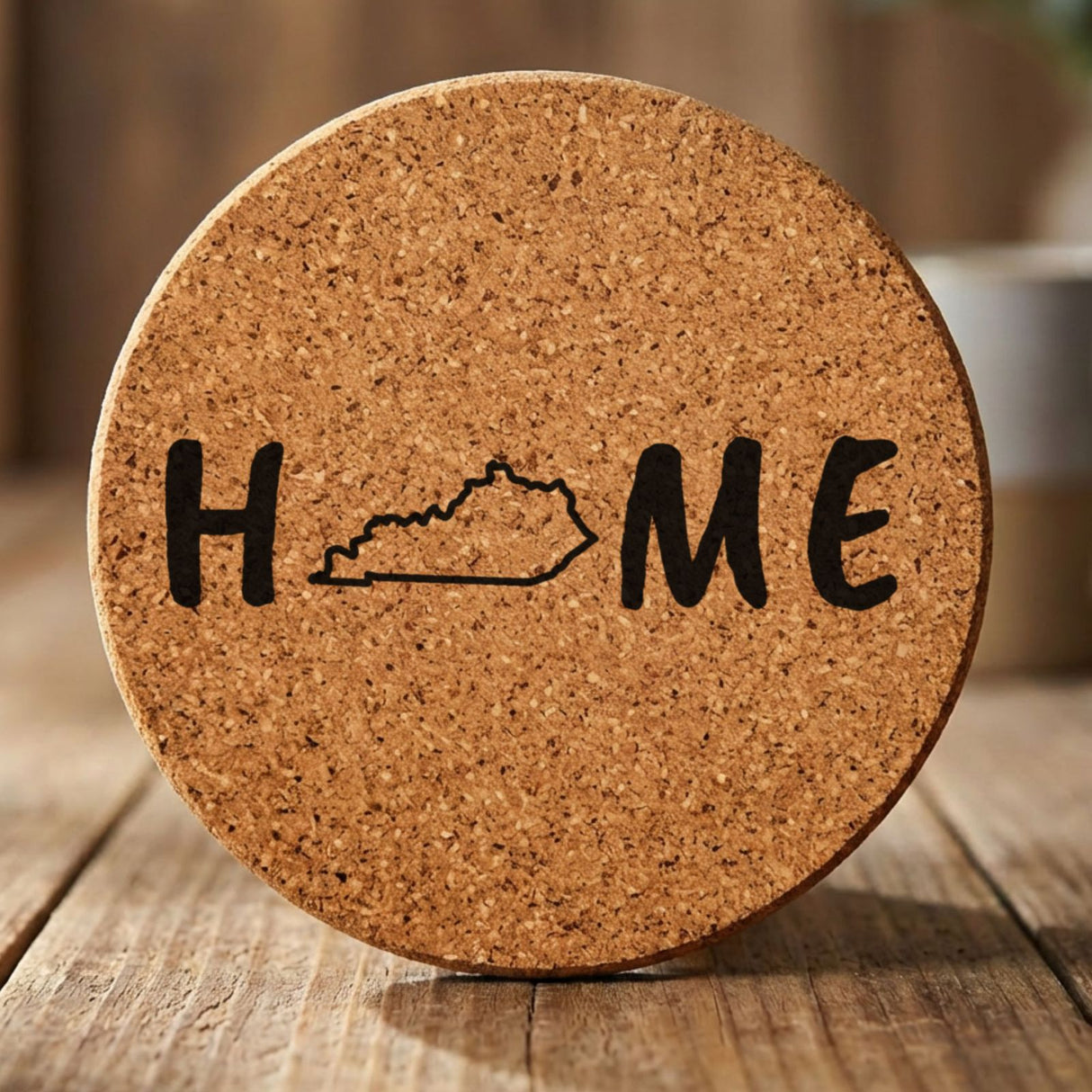 Kentucky round cork coaster engraved with HOME using the state outline as the letter O