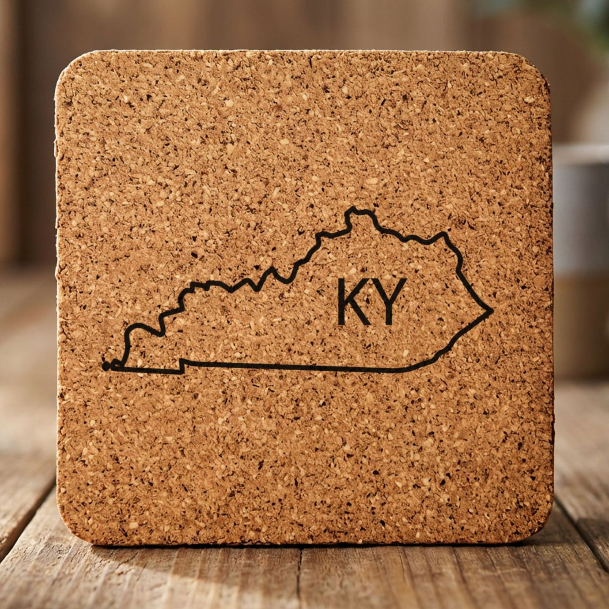 Kentucky square cork coaster engraved with the state outline and KY initials