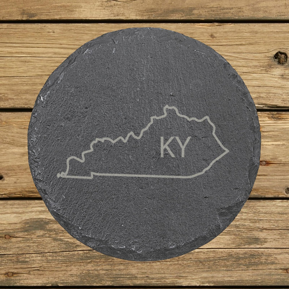 Kentucky round slate coaster engraved with the state outline and KY initials