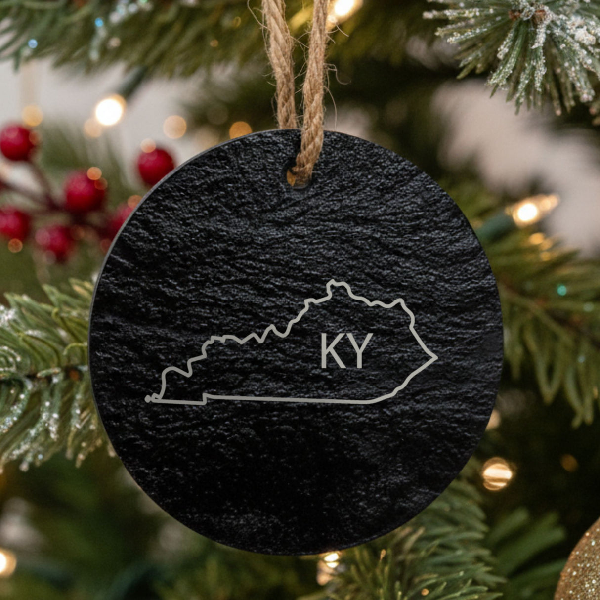Kentucky round slate Christmas ornament engraved with the state outline and KY initials