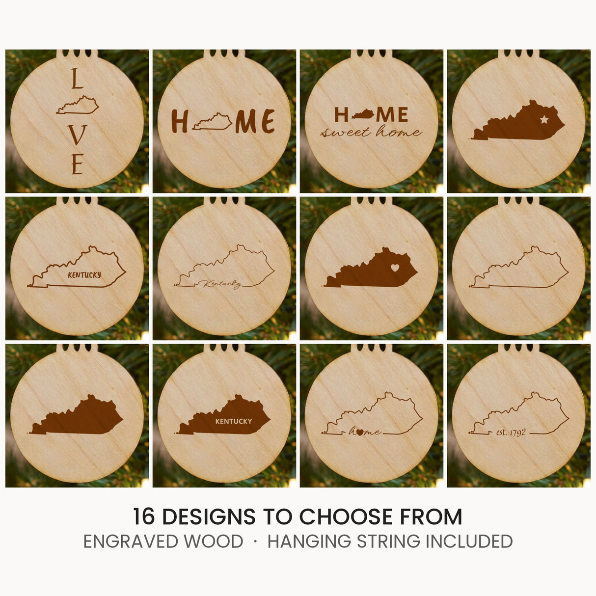Kentucky wood Christmas ornament, laser engraved natural wood