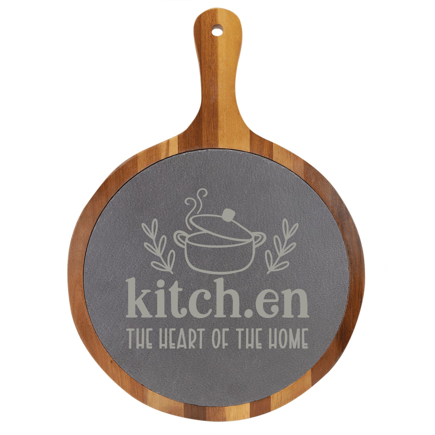 "Kitch.en: The Heart of the Home" Round Acacia Wood/Slate Cutting Board - Laser Engraved