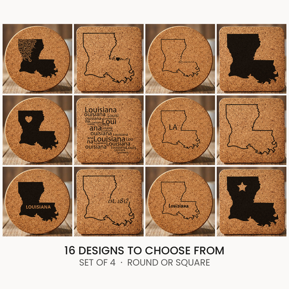 Louisiana cork coaster set, laser engraved natural cork