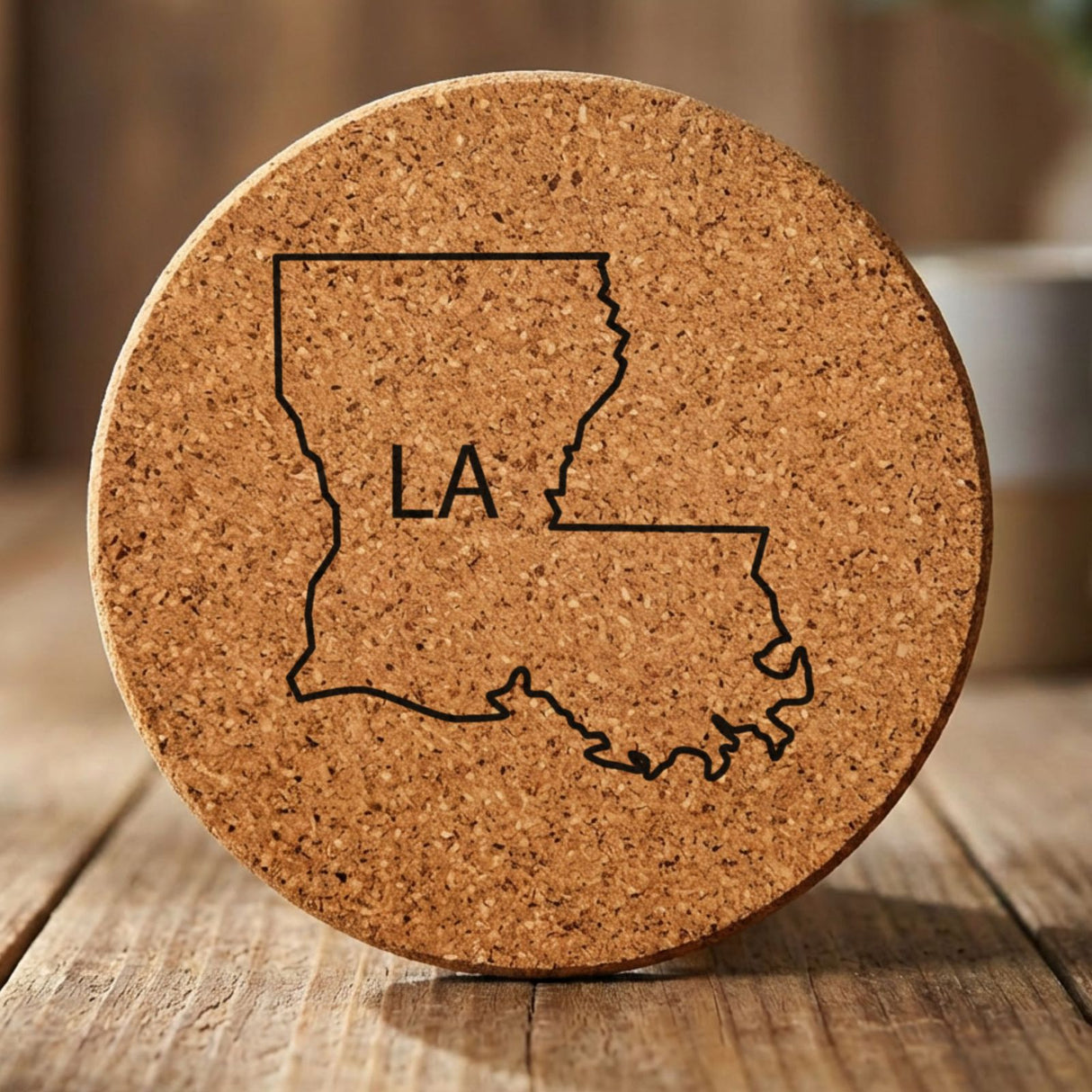 Louisiana round cork coaster engraved with the state outline and LA initials
