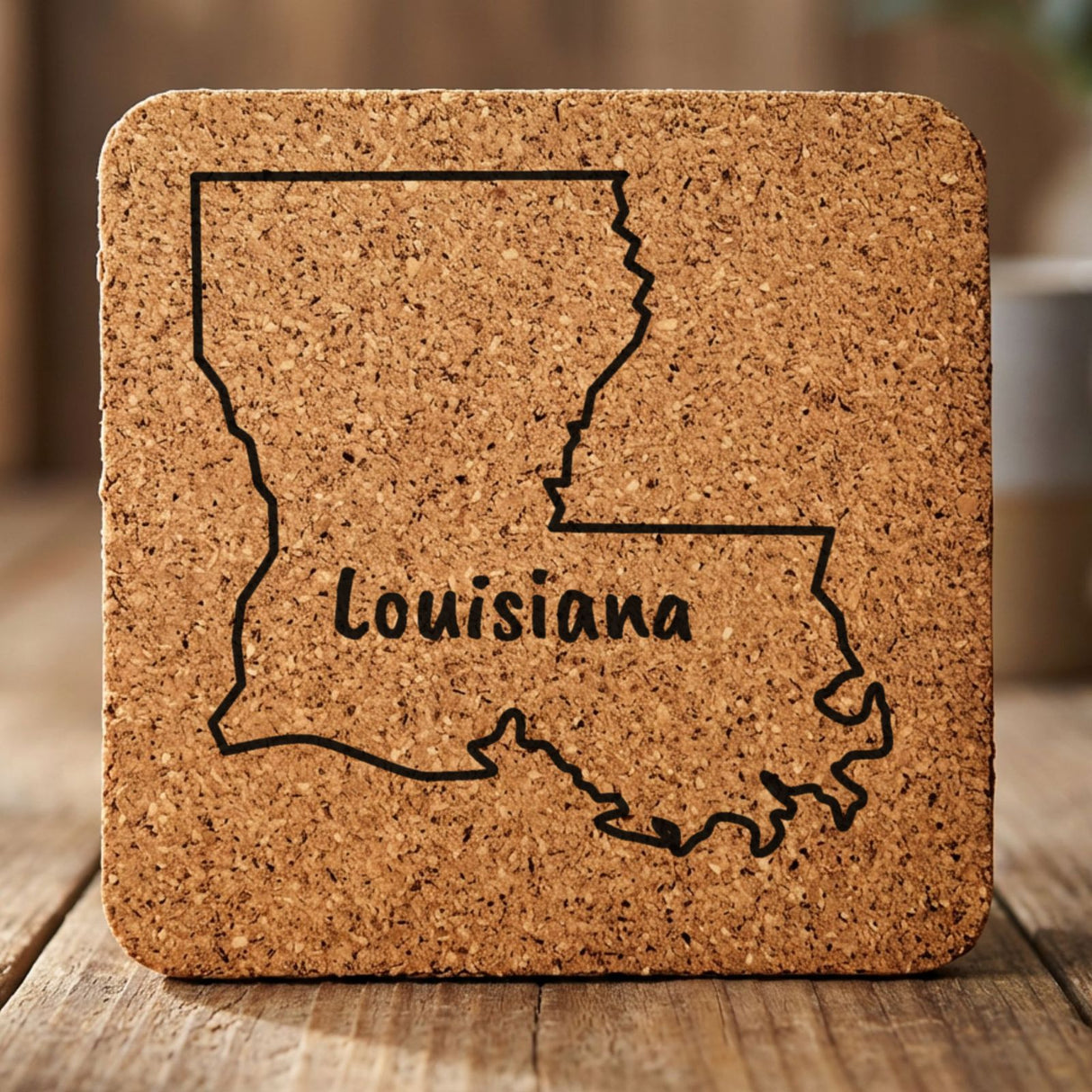 Louisiana square cork coaster engraved with the state outline and LOUISIANA in hand-drawn brush lettering