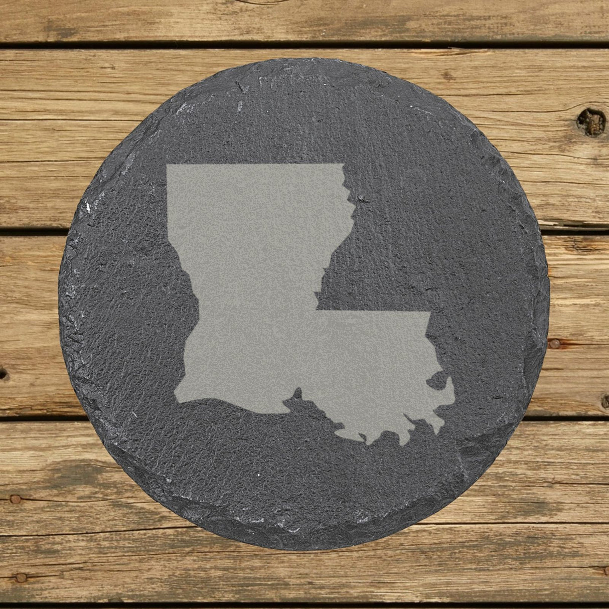 Louisiana round slate coaster with the full state shape engraved