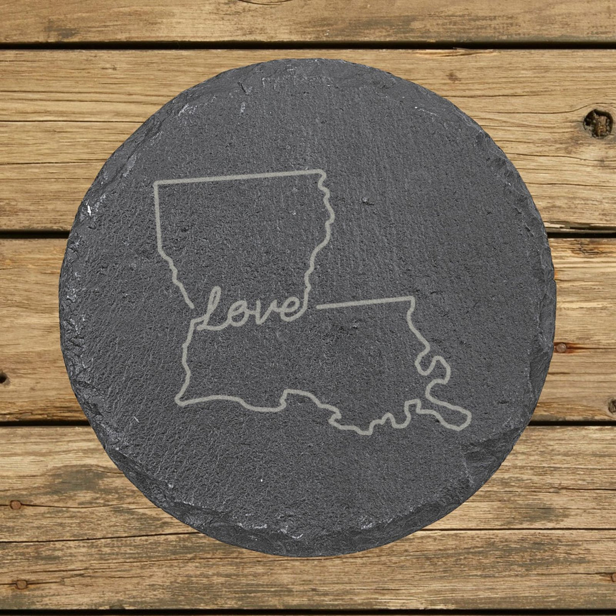 Louisiana round slate coaster engraved with a hand-drawn state outline and love in cursive