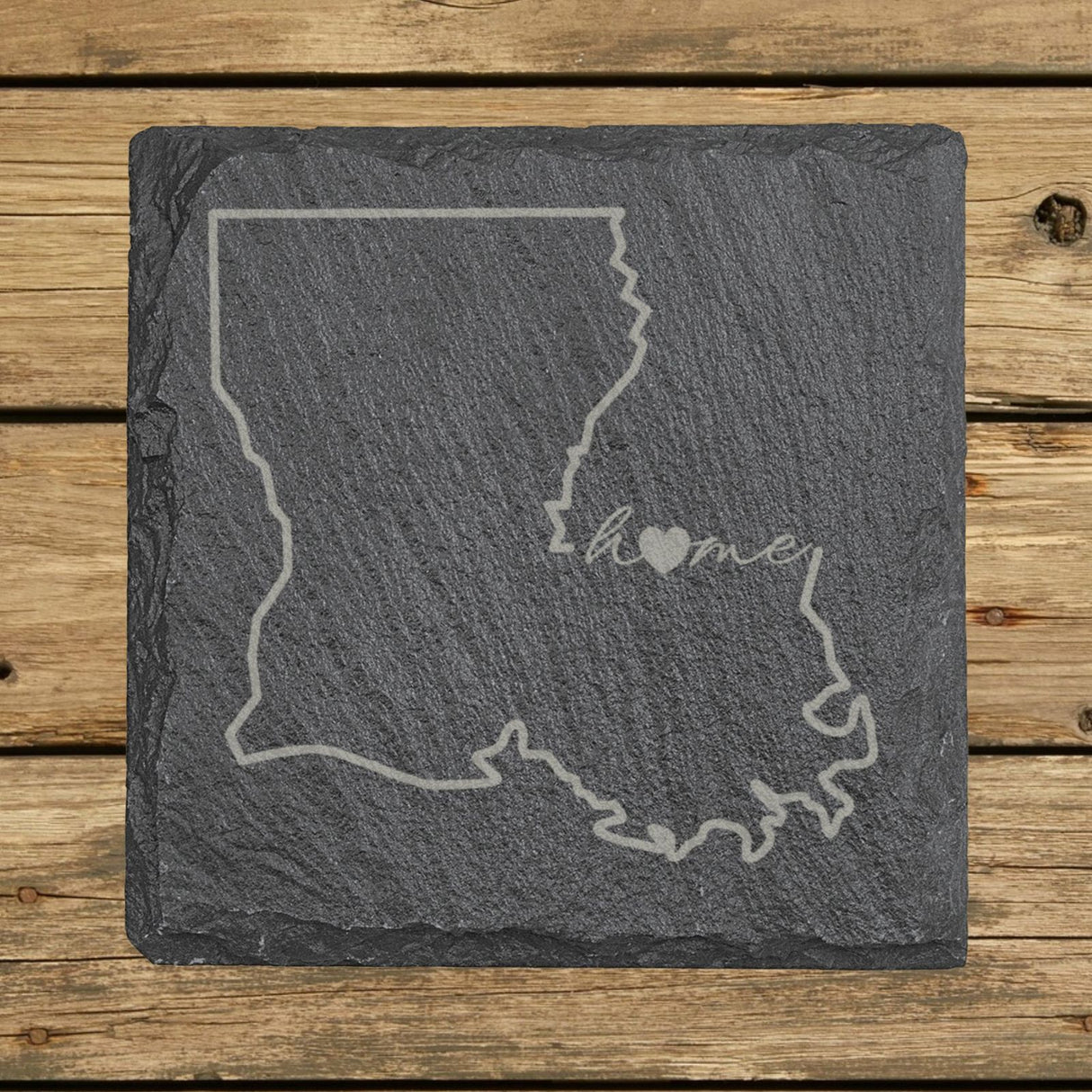 Louisiana square slate coaster engraved with the state outline and home in script with a heart